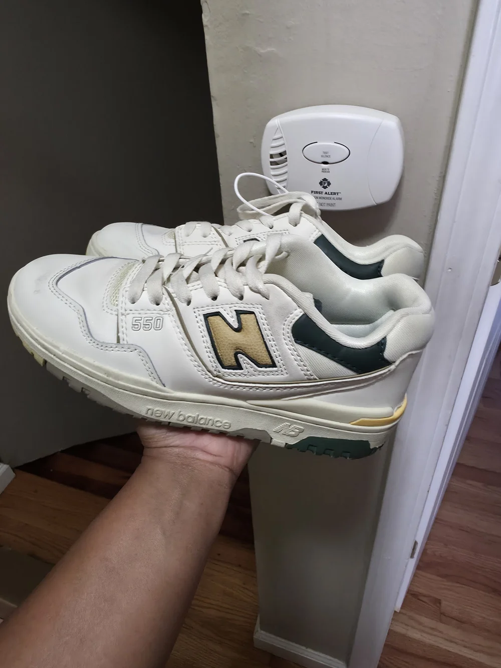 New Balance Kids 550 Sneaker in Cream with Green and Yellow Accents